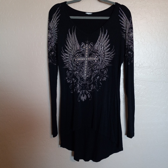 Y2K Angel Wings & Cross Whimsigoth Rhinestone Mcbling Long Sleeve Dress - Picture 1 of 7